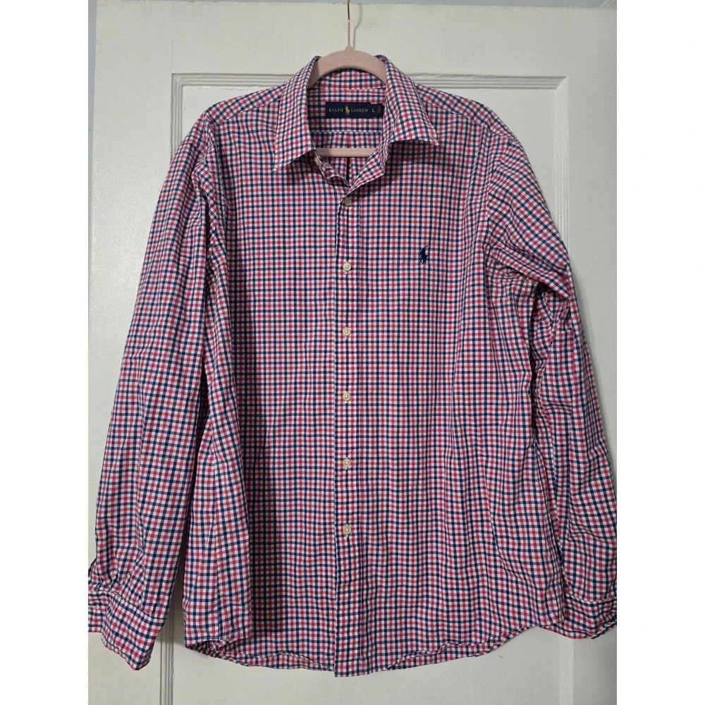 Polo Ralph Lauren Men L Shirt‎ White Red Blue Plaid Cotton Button Up
